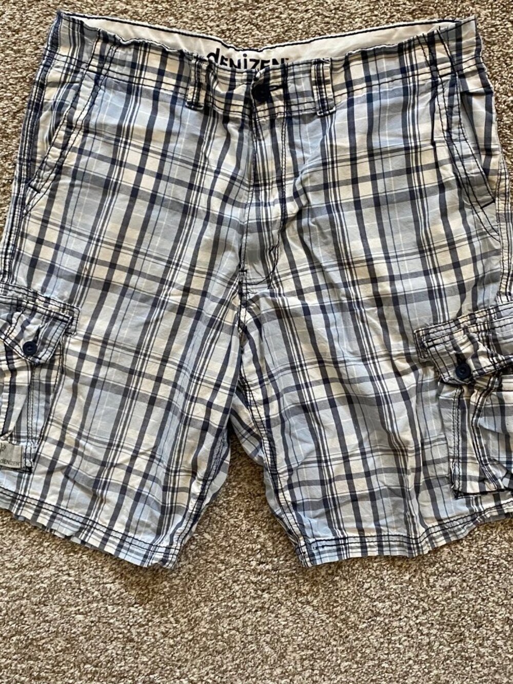 Levis Denizen Men's Cargo Shorts White Gray Black Plaid Size 36 Pockets
